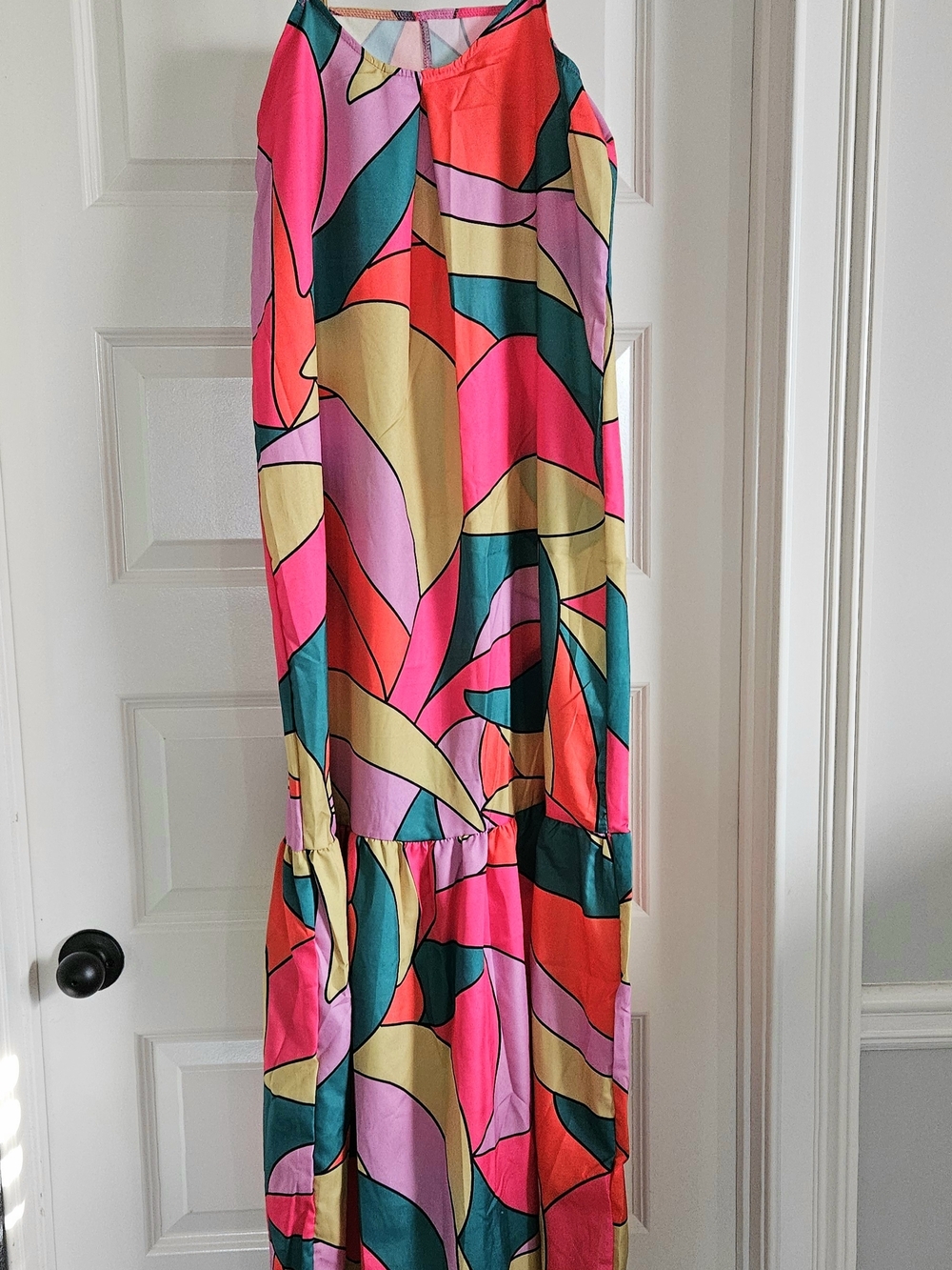 Vibrant Abstract Maxi Dress in Pink, Teal & Yellow